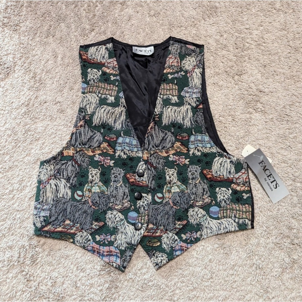 Vtg Facets Dog Vest Sz L Embroidered Tapestry Scottie Westie Terrier NWT